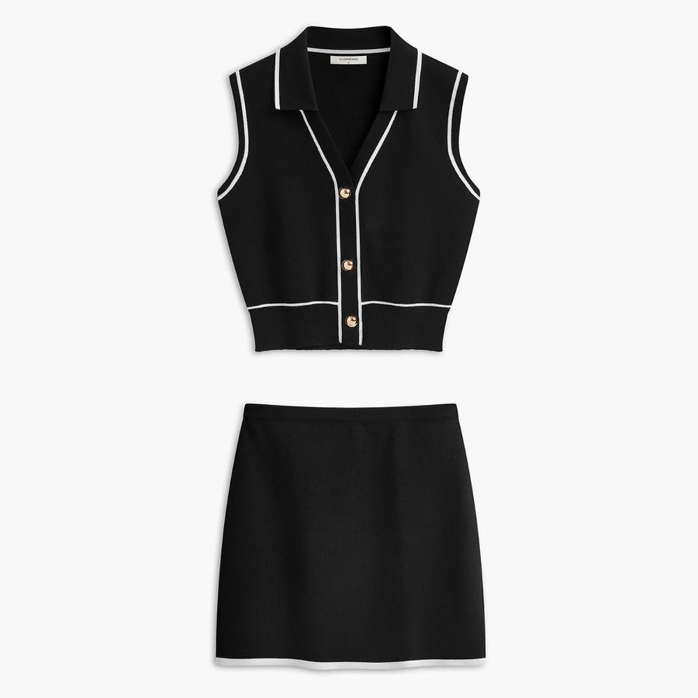 Button Front Contrast Binding Sleeveless Skirt Set - NWT